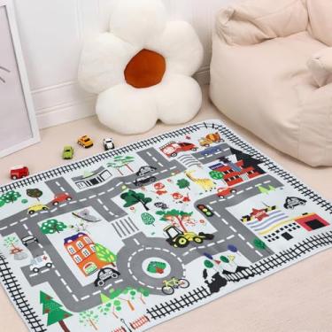 Imagem de Tapete infantil para sala de jogos, área de sala de aula lavável educacional, vida urbana, rodovia, para carros, mapa da cidade, tapete de brinquedo infantil para crianças pré-escolares, quarto