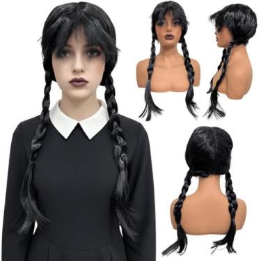 Imagem de Peruca Wandinha da família Addams preta trançada c/ franja - LIONSWIG