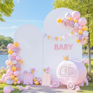 Imagem de Conjunto de 2 capas de pano de fundo de arco branco - Capas de arco branco de 2,2 m e 1,8 m de tecido elástico de elastano para cerimônia de casamento, chá de bebê, festa de aniversário, decorações de
