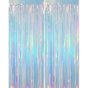 Imagem de Pano de fundo azul iridescente para festa – pacote com 2 cortinas holográficas de franja de estanho de 1 x 2 m para decoração de aniversário com tema de princesa do mar sereia