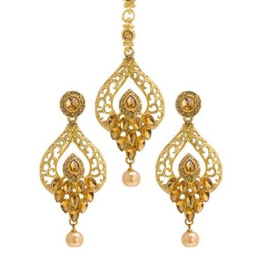 Imagem de Bindhani Brincos femininos Maang Tikka e indianos de pedra dourada