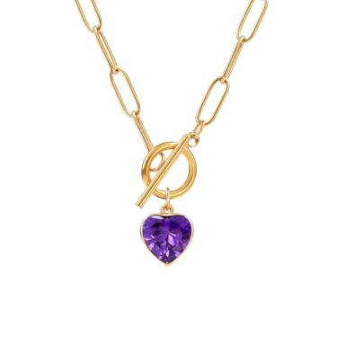 Imagem de TaYolnFaSo Colar com pingente de pedra do mês de nascimento, banhado a ouro 18 quilates, corrente com clipe de papel, coração, corte esmeralda, joia de aniversário, presente de Natal para mulheres, 2