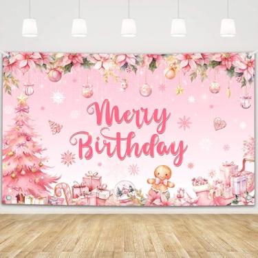 Imagem de MEHOFOND Faixa de fundo rosa de 1,8 x 1,1 m de Natal, árvore de Natal, floco de neve, para decoração de festas de fim de ano, artigos de lembrancinhas