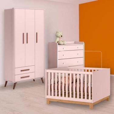 Imagem de Berço Mini Cama Slim, Cômoda Trocador e Guarda Roupa Rosa - Qmovi