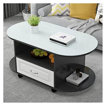 Imagem de Mesa de centro de design simples oval com rodas, mesa de centro de 3 camadas com prateleira de armazenamento e gaveta, mesa de centro moderna com rodas para sala de estar, design moderno, móveis