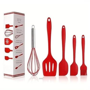 Imagem de Kit De 5 Peças – Utensílios De Cozinha De Silicone: Colher, Espátula, Fue, Espátula Pequena E Pincel(VERMELHO)