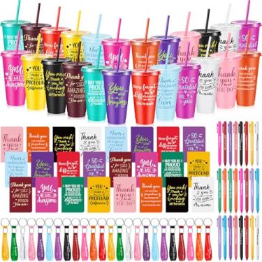 Imagem de Hollowfly 96 peças de presentes de agradecimento inspiradores agradecimento pelo colega de trabalho, copo de plástico de 680 g com tampa, cadernos de palha, canetas esferográficas, chaveiro para