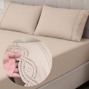 Imagem de Jogo de Cama Lençol Queen Size 3 Peças Bordado Inglês 400 Fios Lese - 