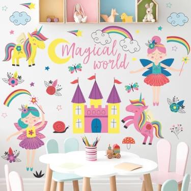 Imagem de DTLIFEK Decalques de parede mundiais para quarto de crianças fada princesa unicórnio adesivos de parede descascar e colar arte de parede de castelo arco-íris borboleta decoração de menina para