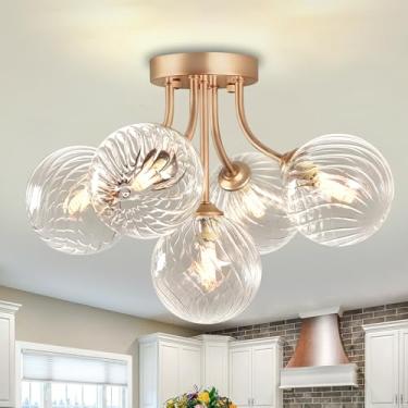 Imagem de DHK wot Luminária De Teto, Lustre Semi-Embutido Vidro Dourado E Transparente Com 5 Luzes, Globo Sputnik Esfera Bolhas Em Espiral Para Quarto, Corredor, Sala Jantar, Cozinha, Hall Entrada Corredor