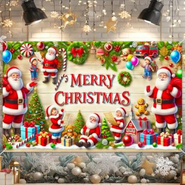 Imagem de HOMETITUTE Banner de Natal 188 x 109 cm, cenário de festa de carnaval de Papai Noel com presentes, guirlanda, bengalas de doces, fundo de férias para crianças, decoração de Natal, ambientes internos e