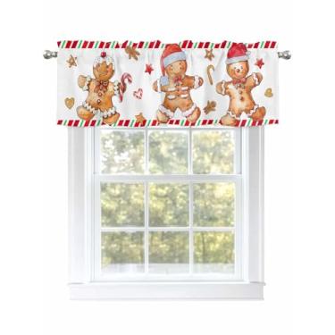 Imagem de Cúrcuma sanefa de Natal homem de gengibre para janelas vermelho chapéu de Papai Noel vintage cortinas de saia de cozinha para janelas de sala de estar/banheiro, cortina de café com bolso de haste. 1