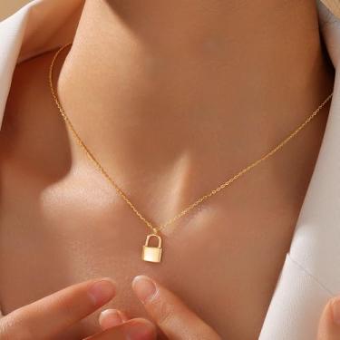 Imagem de Colar feminino banhado a ouro rosa/branco 14K - Corrente de prata delicada com pingente de cadeado simbólico, hipoalergênica personalizada, não mancha, presente de aniversário de Natal, joias modernas