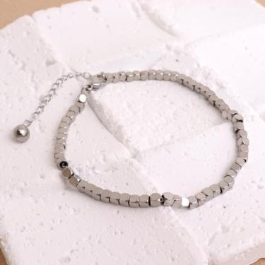 Imagem de Tornozeleiras femininas banhadas a prata com contas cúbicas quadradas, delicadas e ajustáveis, corrente empilhável, moderna, verão, praia, festival, joias, presente., Medium, Latão, Sem Pedra Preciosa