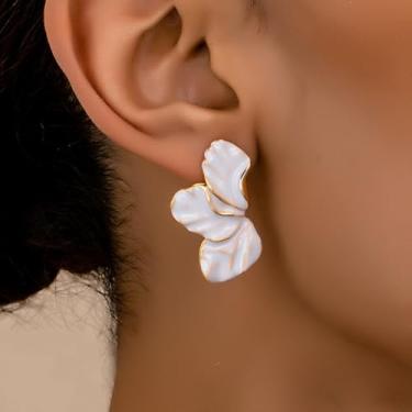 Imagem de Brincos de flor para mulheres, brincos grandes, dourados, grandes, florais, exclusivos, branco, verde, azul, rosa, rosa, joia elegante, Medium, Latão, Sem pedra preciosa