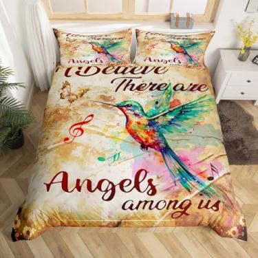 Imagem de Conjunto de cama beija-flor Queen Size crianças pássaros tropicais borboleta edredom conjunto para mulheres homens adultos estilo vintage nota musical capa de edredom fazenda jardim colcha decoração de quarto capa de colcha
