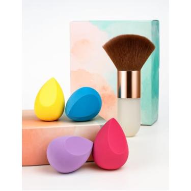 Imagem de Esponjas de maquiagem com pincel de pó, esponja de mistura de base para creme líquido e pó, liquidificador de esponja de beleza profissional e pincel Kabuki (4 esponjas + 1 pincel de maquiagem)