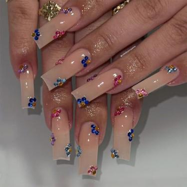 Imagem de Kit de unhas de pressão médio longo quadrado nude cola falsa conjunto de unhas com design simples de strass cobertura completa bastão falso artificial em unha de acrílico para mulheres uso diário 24