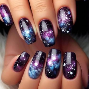 Imagem de Kit de unhas de pressão médio longo quadrado ombré roxo cola falsa conjunto de unhas com design cobertura completa bastão falso artificial em unha de acrílico para mulheres uso diário 24 peças