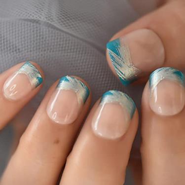 Imagem de Unhas curtas Squoval Press on Nails Nude Blue French Fake Nails Glossy Full Cover Kit de unhas postiças para mulheres - 24 peças/conjunto