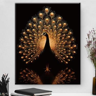 Imagem de Pôster de arte de parede em tela estética de pavão e animal preto e dourado - decoração de parede em ouro preto para sala de estar quarto dormitório 20 x 25 cm emoldurado