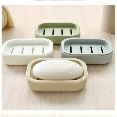 Imagem de 1 saboneteira de camada dupla com tampa - Suporte de sabão retangular portátil com drenagem para banheiro e viagens (cinza)