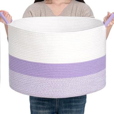 Imagem de CLHMILY&Z Cesta redonda de armazenamento de corda de algodão – 55 x 35 cm – linda caixa de berçário, organizador de brinquedos para bebês, organizador de lavanda para decoração de casa, solução