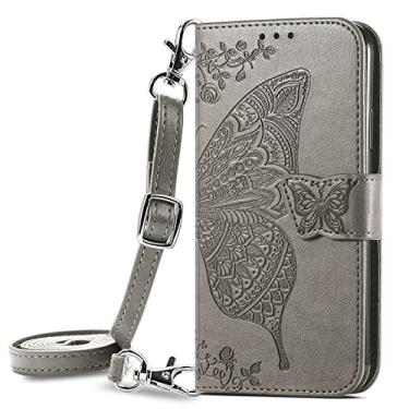 Imagem de ONV Capa tipo carteira compatível com Google Pixel 7 Pro - Bolsa tiracolo longa de couro em relevo borboleta com compartimento magnético para cartão + capa TPU para Google Pixel 7 Pro [HZD] - cinza