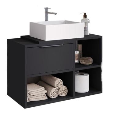 Imagem de Gabinete Suspenso Para Banheiro 60cm Com 1 Porta Basculante e Nichos(Preto)