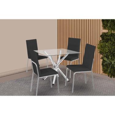 Imagem de Conjunto: Mesa Sala Jantar Volga C- Tampo De Vidro 90cm E 4 Cadeiras Amsterdã Cromada - Courano Preto - Kappesberg