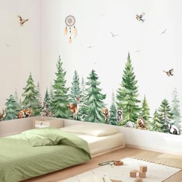 Imagem de decalmile Adesivos de parede grandes aquarela, pinheiro, animais, floresta, árvore, raposa, cervo, urso, decoração de parede, quarto de bebê, quarto de bebê, sala de estar, decoração de parede