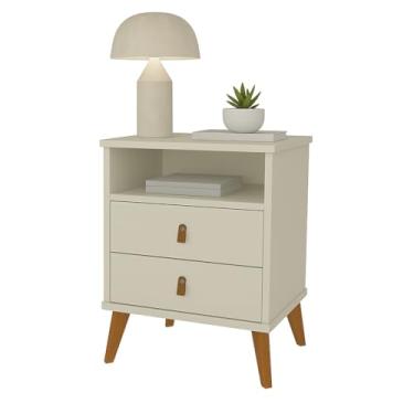 Imagem de Mesa de Cabeceira 2 Gavetas com Nicho e Puxadores de Couro - Design Sofisticado(OFF WHITE)