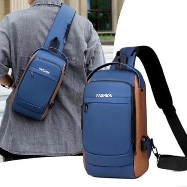 Imagem de Mochila Tiracolo Transversal Sling Bag Unissex Impermeável com Porta USB e Trava Anti‑Furto Pochete (Azul com Dourado)