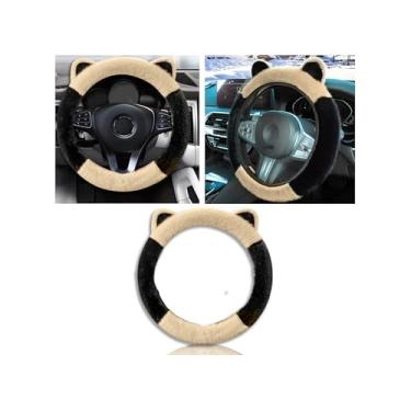 Imagem de Couslcd Capa de volante de carro, protetor de volante fofo com orelhas de gatinho, pelúcia macia e fofa para aquecer o inverno, ajuste universal de 38 cm para carro, SUV, elástico e antiderrapante
