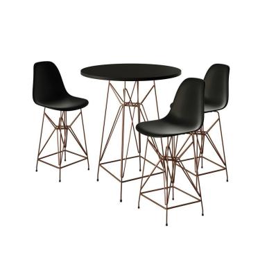 Imagem de Jogo Mesa Bistrô Eames Eiffel Preta 60Cm 3 Banquetas Preta Base Ferro Cobre - Cor: Preto