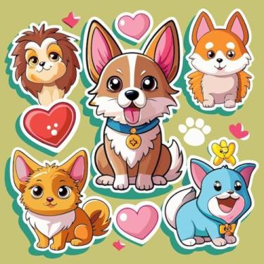 Imagem de Adesivo de Parede Infantil Kawaii com Cachorros Corações e Pegadas para Quarto de Crianças 50x50cm