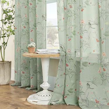 Imagem de XTMYI Cortinas verdes sálvia para sala de estar, 213 cm de comprimento, conjunto de 2 painéis, estampa de folha, estampa floral, pássaro, cortina de janela, painéis para quarto, estética, verde claro