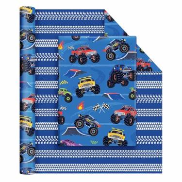 Imagem de WERNNSAI Papel de embrulho Monster Truck – 1 rolo de papel de embrulho reversível de caminhão de 43 cm x 10 m para crianças, meninos, aniversário, azul, Monster Jam Truck, embalagem de presente para