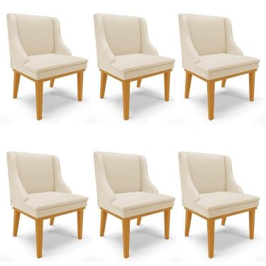 Imagem de Kit 6 Cadeiras Estofadas Sala De Jantar Base Fixa De Madeira Castanho Lia Sintético Bege - Ibiza