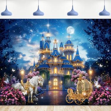 Imagem de Riyidecor Castelo de princesa, pano de fundo, vinil, conto de fadas, jardim, floral, noite estrelada, lua, cavalo, carruagem, 25,5 cm x 20,5 m, borboleta, país das maravilhas, fotografia, aniversário