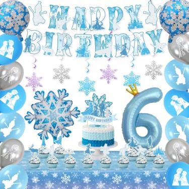 Imagem de Frozen 6th Birthday Party Decorations Kit - blue Silver Winter Wonderland Birthday Decorations Crown Number 6 Balloon Banner Snowflake Cake Topper Tablecloth for Boy Girls baby shower decor