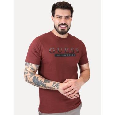 Imagem de Camiseta Guess Masculina Los Angeles Silk Split Vermelho Escuro Tamanh
