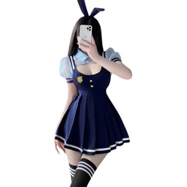 Imagem de SENJIY sexy bunny lingerie dress for women outfit ruffle Suspender Cosplay costume French Bunny Girl Underwear Anime Roleplay babydoll Headpiece Top Pleated Skirt Blue