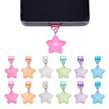 Imagem de DELORIGIN 12 plugues à prova de poeira com pingente de estrela para telefone, tampa de porta de carregamento, tampas de porta USB C, pingentes para a maioria dos celulares USB C tipo C, 6 cores