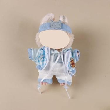 Imagem de Compatível com Labubu (sem boneca) - Conjunto de camadas azul claro (faixa de cabeça bordada com gato + capuz + jaqueta xadrez + shorts), roupas de boneca de 15 cm/17 cm (azul claro)