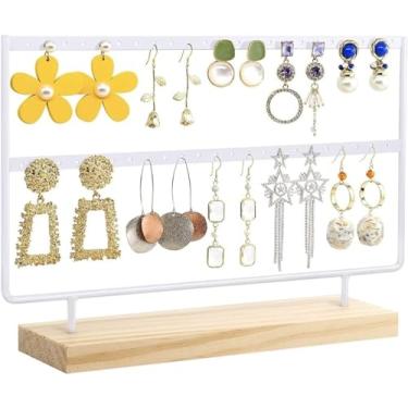 Imagem de Suporte organizador de joias com suporte de 2 camadas para brincos de orelha organizador de brincos árvore metal gancho de ferro com base de madeira (C branco 2)