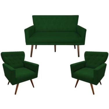 Imagem de Kit Namoradeira + 2 Poltronas Decorativa Aurora Suede Verde Pés Madeir