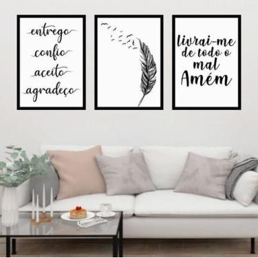 Imagem de Kit 3 Quadros Decorativos Entrego, Confio, Aceito-Pena - Quadros On-Li