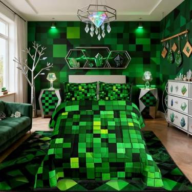 Imagem de Jogo de cama solteiro Pixelated Blocks Miners Girls, videogame, gamepad, quadriculado, geométrico, patchwork, meninas, meninos, adolescentes, decoração de quarto verde para todas as estações, 1 fronha