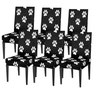 Imagem de hongjinglin Conjunto de 6 capas elásticas para cadeira de sala de jantar, capa protetora de assento de cadeira, estampa de pata, fofa, preta, removível, lavável, para cozinha, casa, hotel, banquete